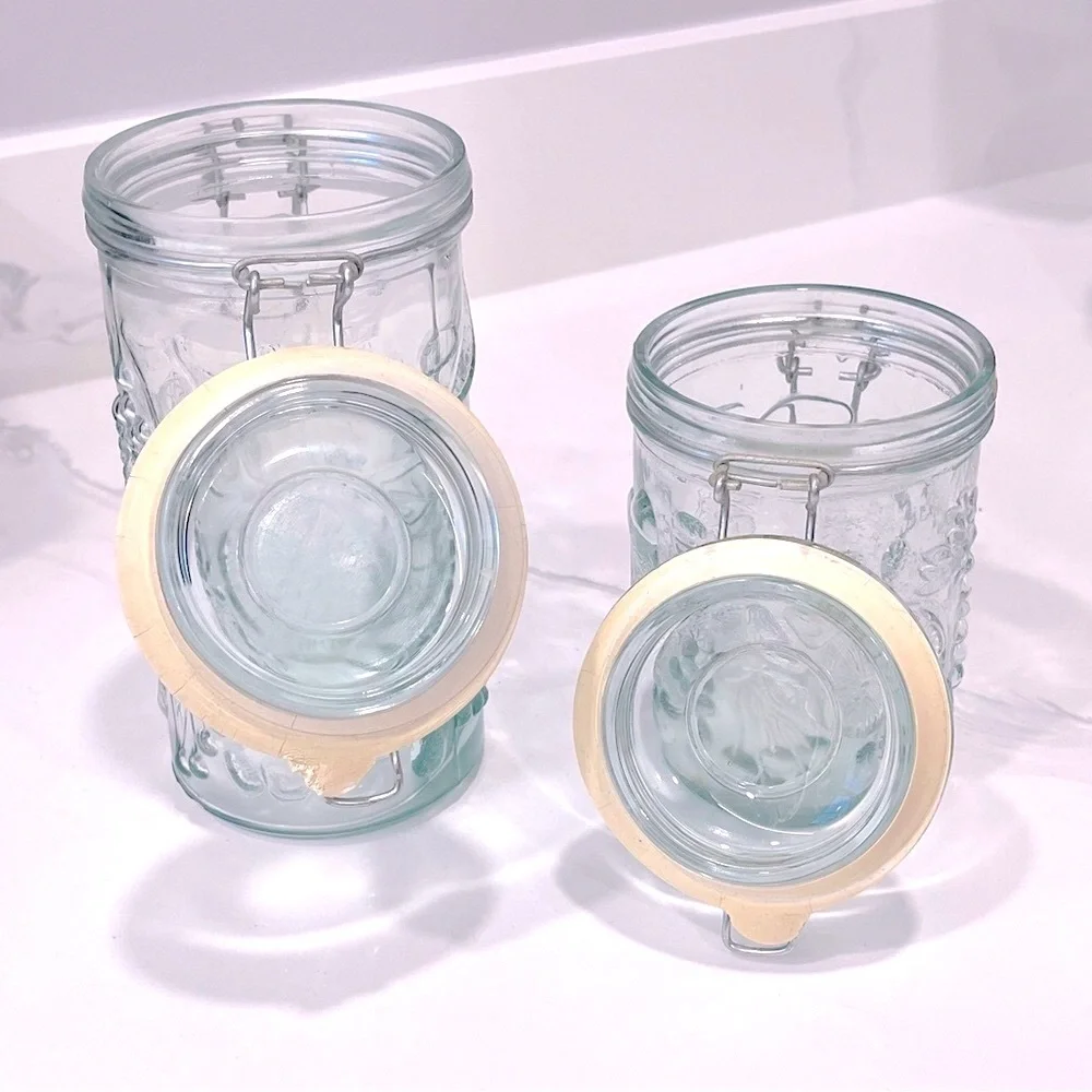 Vintage Embossed Fuit Pattern Glass Canister Set with Wire Bale Hinges, Set of 2